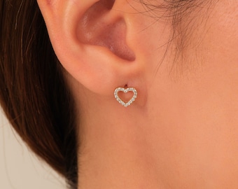 14k Gold Open Heart Diamond Earrings / Heart Earrings For Women / Diamond Heart Stud Earrings 14k 18k Solid Gold Earrings For Her