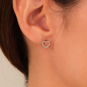 14k Gold offenes Herz Diamant Ohrringe / Herz Ohrringe für Frauen / Diamant Herz Ohrstecker 14k 18k Solid Gold Ohrringe für Sie