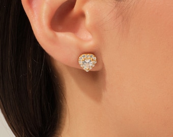 14k Gold Diamond Halo Heart Studs / Heart Earrings for Women / Diamond Heart Stud Earrings in 14k Solid Gold / Valentine's Day Gift for Her