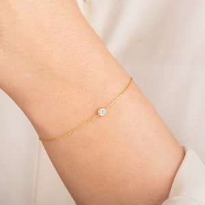 Diamond Bracelet / 14k Solid Gold Bezel Set Diamond Bracelet for Women / Natural Solitaire Diamond Charm
