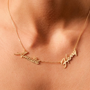Collar con nombre doble en oro macizo de 14 quilates, Collar con nombre personalizado, Regalo de San Valentín, Collar con nombre doble, Regalo personalizado para ella