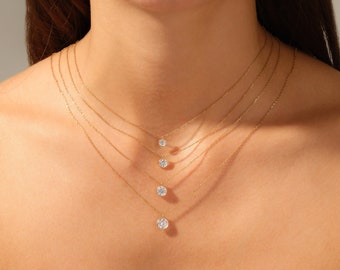 14k Solid Gold Bezel Set Diamond Necklace / Bezel Set Pendant Necklace for Women / 14k Gold Genuine Real Minimalist Diamond Necklace