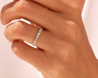 14k Gold Natural Diamond Cluster Ring, Baguette Cut Half Eternity Stacking Band (0.44 ct)