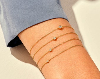 Bezel Set Diamond Bracelet / 14k Solid Gold Diamond Bracelet for Women / Natural Solitaire Diamond Charm / Gold Bracelets for Women / Gift