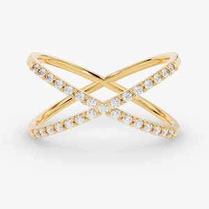 Criss Cross Ring / 14k Gold Diamond Criss Cross Ring / Statement Ring / Diamond Ring / Minimalist Natural Diamond Ring for Women