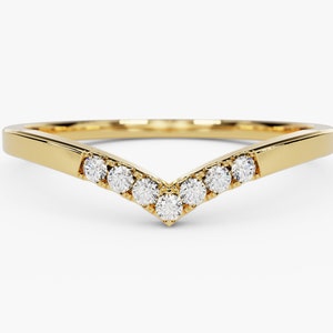 Gebogenes 7-Stein Diamant Band / 14k Gold Chevron Diamant Ring / Minimalistischer Pave Ring / Geschwungener Ehering für Frauen / Stapeln Nesting Band