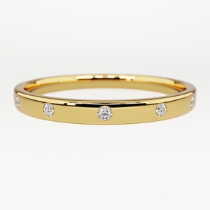 Jonc diamants serti affleurant / bague diamant délicate / alliance en or massif 14 carats et diamants pour femme / bague superposable / cadeau d'anniversaire