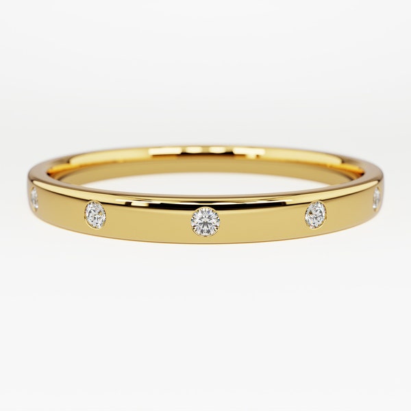 Flush Set Diamond Band / Dainty Diamond Ring / Anello di diamanti in oro massiccio 14k per le donne / Anello impilabile / Regalo anniversario