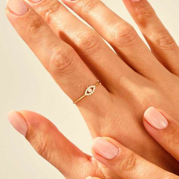 Diamant Evil Eye Ring / 14k Solid Gold Evil Eye Ring / Glücksring / Minimalistischer Diamant Ring für Frauen / Boho Schmuck Geschenk