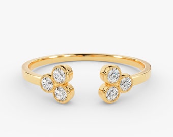 Dainty 14k Gold Natural Diamond Open Ring, Bezel Set Stackable Band (0.18 ct)