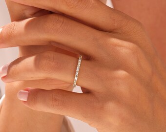 14k Gold Natural Diamond Half Eternity Ring, Baguette and Round Cut Stacking Band (0.37 ct)