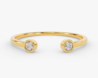 Moissanite Dual Open Cuff Ring, Sterling Silver Bezel Two Stone Dainty Band, Anniversary Gift