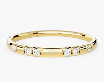 14k Gold Dainty Diamond Wedding Band / Micro Pave Set Diamond Ring / Solid Gold Diamond Band for Women / Thin Diamond Ring / Stacking Ring