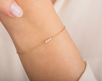 Trio Diamond Bracelet / 14k Solid Gold Bracelet / Minimalist Diamond Bracelets for Women / Gift for Her / Unique Valentine's Day Gifts