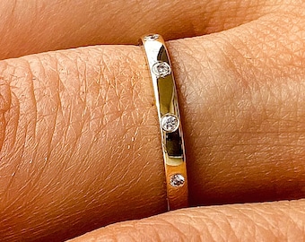 Dainty Moissanite Wedding Band, 2mm Flush Set Stacking Ring, Anniversary Gift for Women