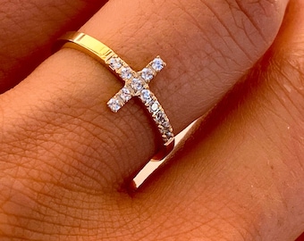 Cross Moissanite Ring, Sterling Silver Dainty Stacking Wedding Band, Anniversary Gift