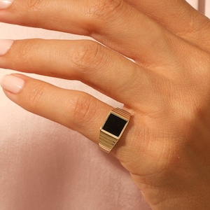 Black Enamel Signet Ring, Square Pinky Ring, Anniversary Ring