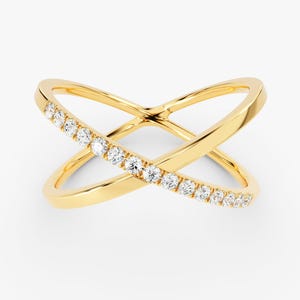 14k Gold Natural Diamond Criss Cross Ring, Minimalist Stacking Band (0.15 ct)