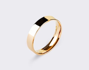 May include: A simple gold wedding band with a polished finish.