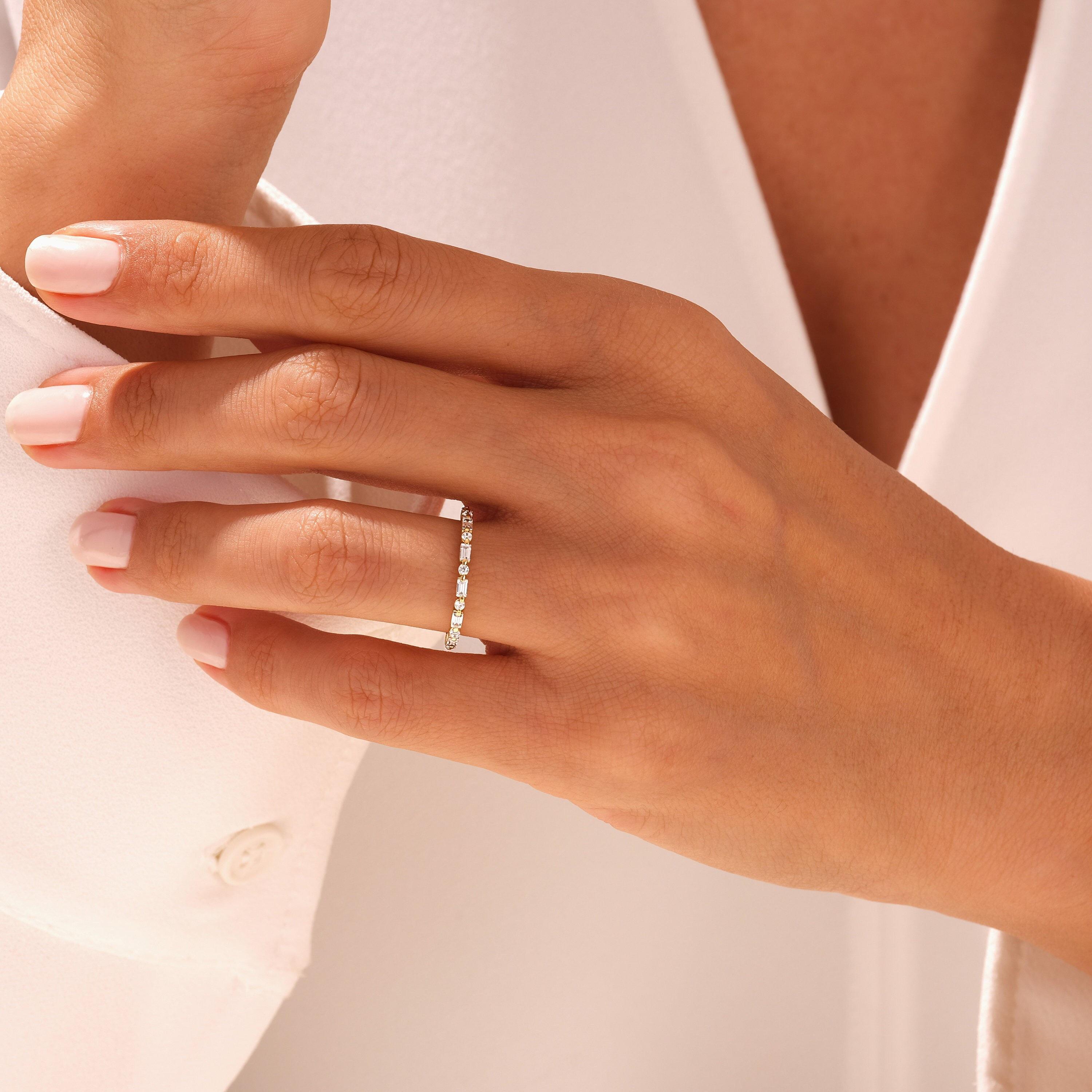 Baguette and Round Diamond Half Eternity Wedding Band - 14K Gold - Etsy