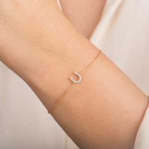 Lucky Horseshoe Bracelet (0.11ct) / 14k Gold Diamond Bracelet / Minimalist Diamond Bracelets for Women / Valentine&#39;s Day Gift for Her