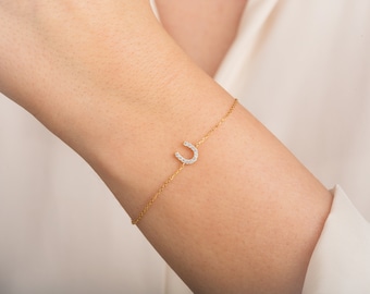 Bransoletka Lucky Horseshoe (0,11 ct) / Bransoletka z diamentami ze złota 14k / Minimalistyczne bransoletki z diamentami dla kobiet / Prezent na Walentynki dla niej