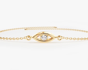 Diamond Evil Eye Bracelet / 14k Solid Gold Bracelet /  Minimalist Diamond Bracelets for Women / Gift for Her / Unique Valentine's Day Gifts