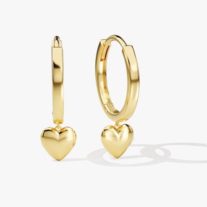 14k Solid Gold Huggie Earrings / Huggie Earrings With Heart / Hoop Earrings With Heart Design / Puffy Heart Dangle Hoops / Heart Jewelry
