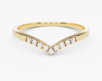 Chevron Moissanite 9 Stone Wedding Band, V Shaped Curved Nesting Ring, Anniversary Gift