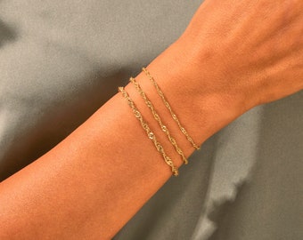 14k Solid Gold Diamond Cut Singapore Chain Bracelet / Dainty Sparkly Gold Bracelet For Women / Genuine Gold Twisted Chain Bracelet