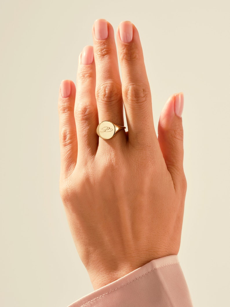 14k & 18k Solid Gold Engraved Signet Ring / Circle Signet Ring / Gold Pinky Ring / Yellow, Rose, White Gold Signet Ring for Men, Women image 3