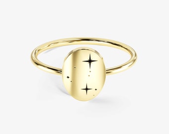 14k Gold Zodiac Signet Ring / Star Signet Ring / Gold Constellation Ring / Dainty Minimalist Gold Ring for Women / Birthday Gift for Her