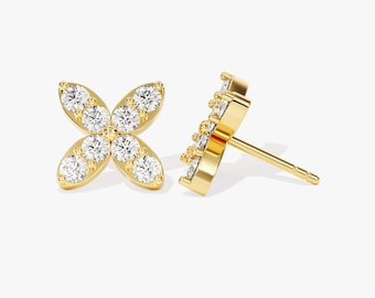 Pendientes de botón con forma de trébol: oro de 14k, cuatro hojas - delicado detalle de diamante