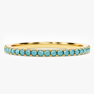 14k Gold Turquoise Wedding Band / Solid Gold Full Eternity Turquoise Ring for Women / Micro Pave Set Stacking Ring / Turquoise Ring image 2