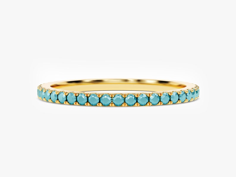 14k Gold Turquoise Wedding Band / Solid Gold Full Eternity Turquoise Ring for Women / Micro Pave Set Stacking Ring / Turquoise Ring image 2