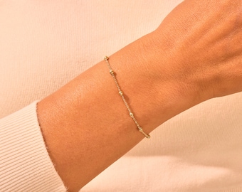 14k Solid Gold Ball & Chain Bracelet / Delicate Women's Bracelet With Beads / Genuine Gold Beaded Chain Bracelet / Gold Layering Bracelet