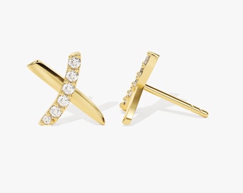 14k Gold Kiss Stud Earrings / X Shaped Gold Earrings With Diamonds / Cross Earring / Diamond Stud Earrings for Women