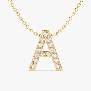 Collar con letra inicial de diamante de oro macizo de 14 quilates, Collar con letra inicial de diamante personalizado para mujer, Letra inicial con pavé de diamante, Regalo de cumpleaños