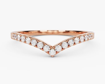 Chevron Moissanite Wedding Band, Sterling Silver V Shaped Curved Ring, Anniversary Gift