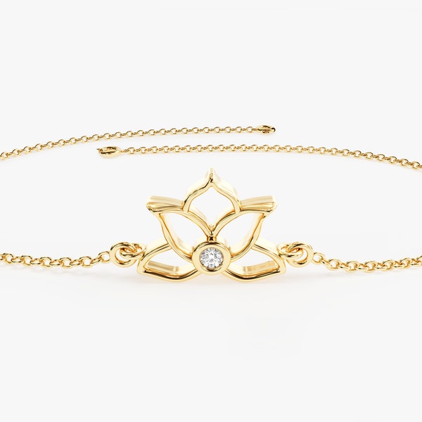 Dainty Diamond Lotus Bracelet / 14k Solid Gold Bracelet /  Minimalist Diamond Bracelets for Women / Valentine's Day Gift for Her