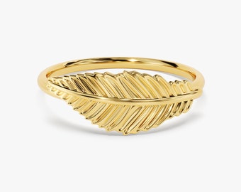 14k Solid Gold Feather Ring / Feather Gold Ring / Gold Statement Ring for Women / 14k Gold Thick Ring / Bird Feather Ring / Stacking Ring