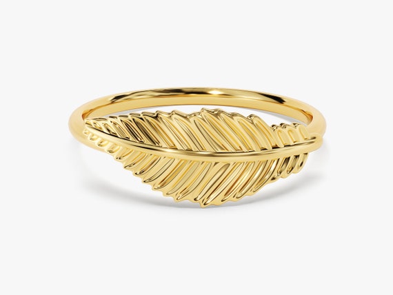 14k Solid Gold Feather Ring Feather Gold Ring Gold Statement