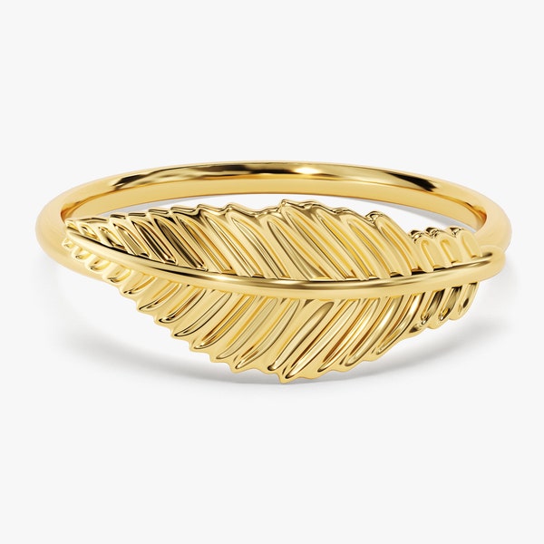 14k massief gouden veerring / veergouden ring / gouden verklaring ring voor vrouwen / 14k gouden dikke ring / vogelveerring / stapelring
