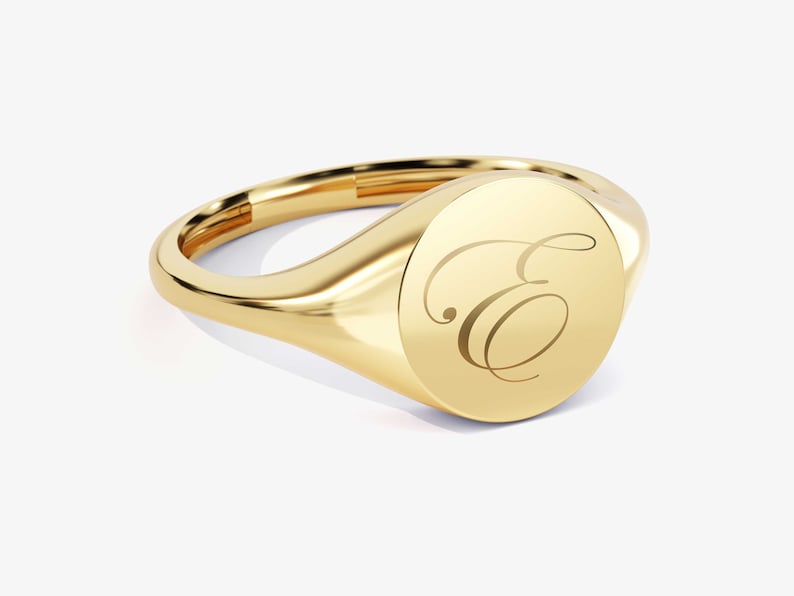 14k & 18k Solid Gold Engraved Signet Ring / Circle Signet Ring / Gold Pinky Ring / Yellow, Rose, White Gold Signet Ring for Men, Women image 2