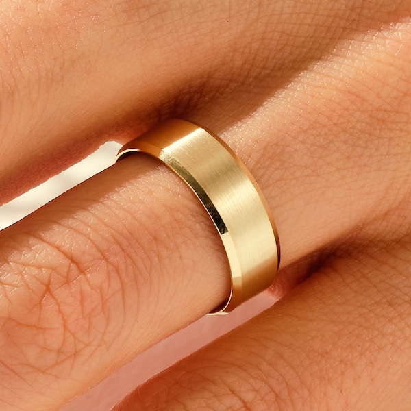6mm Matte Gold Wedding Band, Beveled Edge Flat Comfort Fit Ring