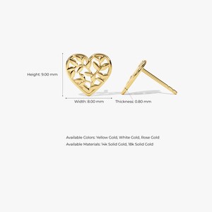 Tachuelas de hoja en forma de corazón de oro de 14K / Pendientes de amor para mujer / Tachuelas diminutas de oro de 18k / Pendientes en forma de corazón / Regalo de San Valentín para ella imagen 5