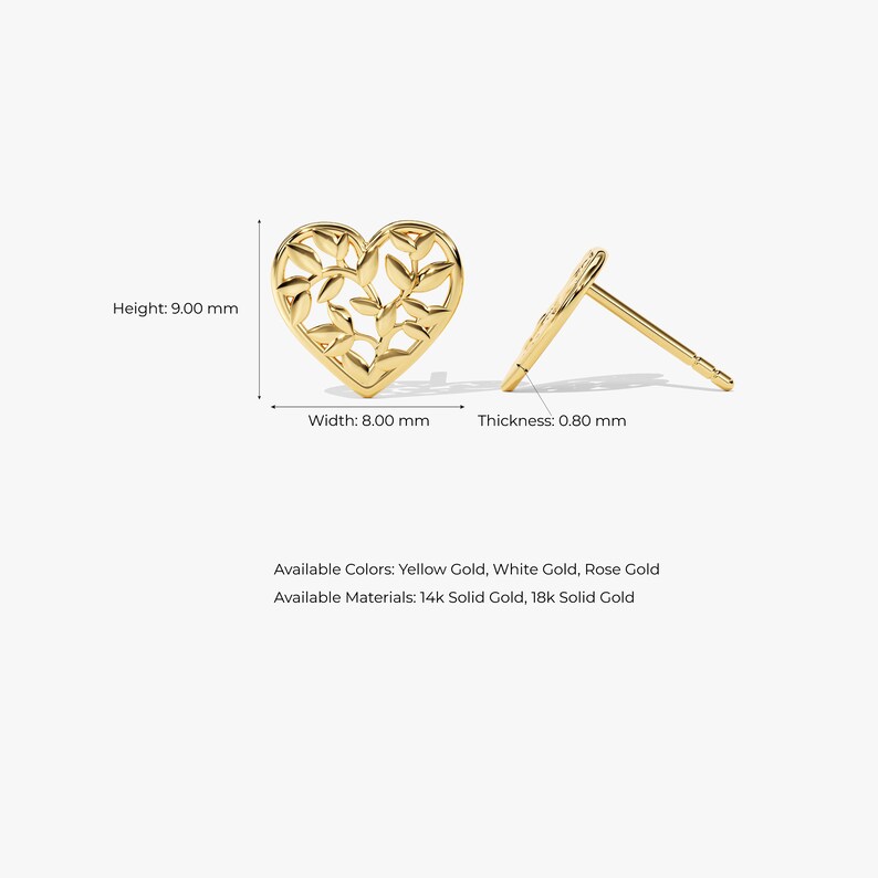 Tachuelas de hoja en forma de corazón de oro de 14K / Pendientes de amor para mujer / Tachuelas diminutas de oro de 18k / Pendientes en forma de corazón / Regalo de San Valentín para ella imagen 5
