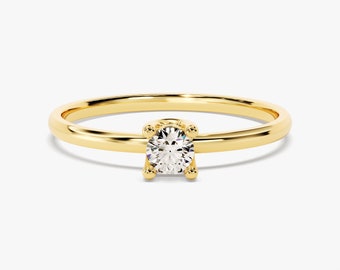 Diamond Solitaire Ring / 14k Solid Gold Dainty Diamond Engagement Ring / Simple Thin Diamond Band Ring / Minimalist Engagement Ring