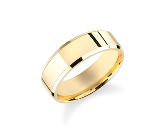 6mm Beveled Edge Gold Vermeil Wedding Band - Polished, Flat Comfort Fit Ring
