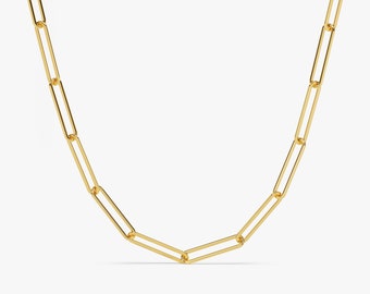 14k Gold Paperclip Chain Necklace / Bold Paperclip Link Chain Necklace for Women / Solid Gold Layering Chain Necklace / Elongated Link Chain